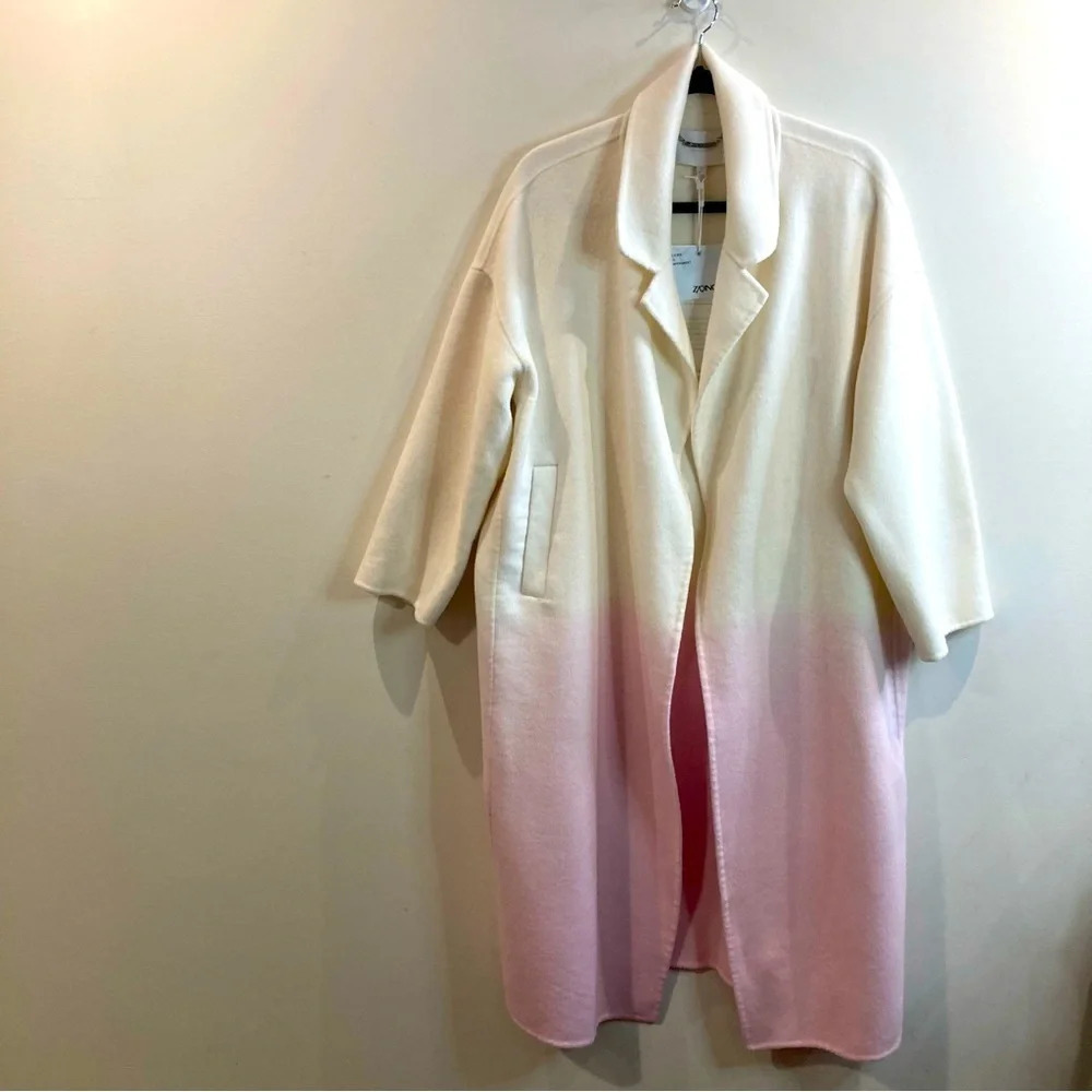 Z/QING Sz XS Oversized Woollen  Ombre Effect Open Front Pockets Collar Coat NEW